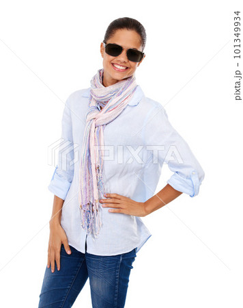 Black woman, luxury sunglasses and portrait in studio for discount on cool glasses with a smile. Female model isolated on a white background posing happy with a positive mindset and fashion pose 101349934