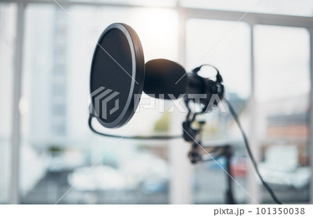 Microphone, audio and technology, podcast or radio with sound equipment closeup and broadcast media. Public relations, live streaming and production in studio with content creation and social network Microphone, audio and technology, podcast or radio with sound equipment closeup and broadcast media. Public relations, live streaming and production in studio with content creation and social network 101350038