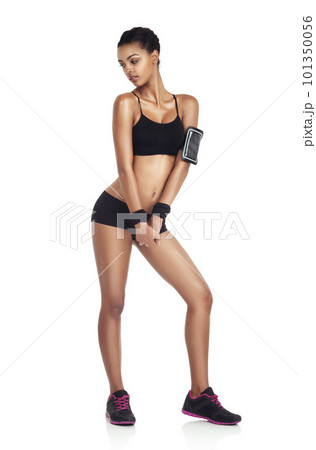 Wellness workout, studio portrait and black woman ready for cardio running, performance exercise and training for strong body. Health model, fitness diet and athlete girl isolated on white background 101350056