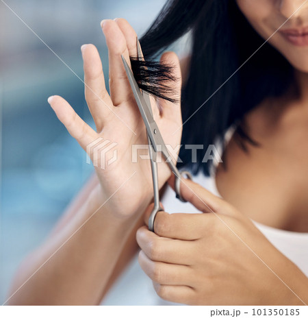 Hair care cut, hands and woman with scissors for hairstyle maintenance routine, grooming and self care. Wellness treatment, spa beauty salon and shampoo girl with barber tools for healthy hair growth 101350185