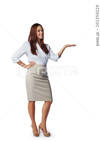 Business fashion, advertising and woman on a white background for product placement, marketing and mockup. Fashion model, branding and isolated girl with hand for information, news and announcement 101350220