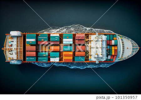Aerial top view container cargo ship with contrail in the ocean ship carrying container import export business commercial trade logistic and transportation, Generative AI 101350957