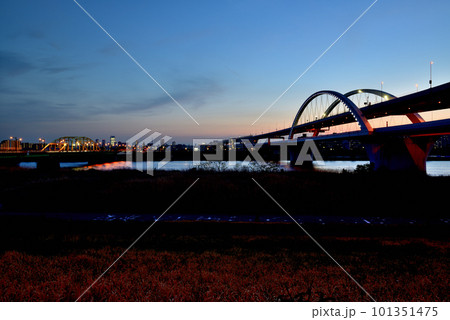 荒川のさくら、五色桜大橋と江北ジャンクションの夜景 101351475