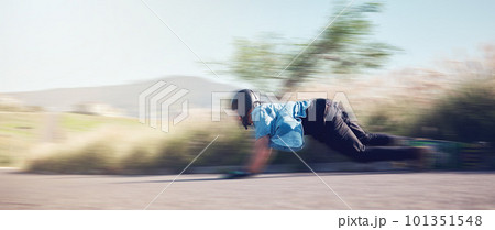 Speed, skateboard and man in action on road ready for adventure, freedom and extreme sports motion blur. Training, skateboarding and skater with longboard for exercise, skating and fitness hobby Speed, skateboard and man in action on road ready for adventure, freedom and extreme sports motion blur. Training, skateboarding and skater with longboard for exercise, skating and fitness hobby 101351548