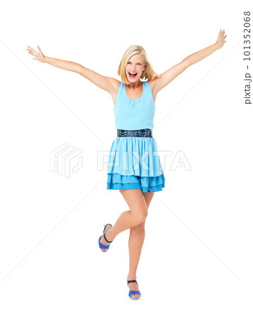 Isolated, happy and wow with portrait of woman and mockup for celebration, motivation and success. Freedom, smile and goals with girl on white background studio for party, confident and energy Isolated, happy and wow with portrait of woman and mockup for celebration, motivation and success. Freedom, smile and goals with girl on white background studio for party, confident and energy 101352068