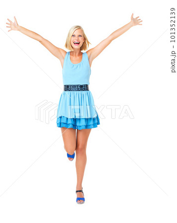 Isolated, winner and freedom with portrait of woman and mockup for celebration, motivation and success. Wow, happy and goals with girl on white background studio for party, confident and achievement Isolated, winner and freedom with portrait of woman and mockup for celebration, motivation and success. Wow, happy and goals with girl on white background studio for party, confident and achievement 101352139