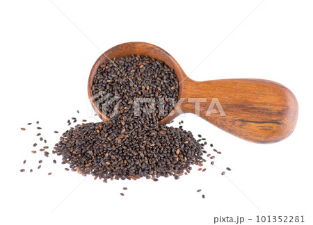 Basil seeds in wooden spoon, isolated on white background. Ocimum basilicum. Basil seeds in wooden spoon, isolated on white background. Ocimum basilicum. 101352281