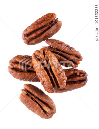 Pecan nuts isolated on white background. Shelled pecan. Clipping path. Top view. 101352283
