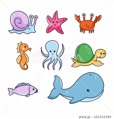 Marine life. Fish and shellfish. Vector doodle illustration for kids. Set. 101352284