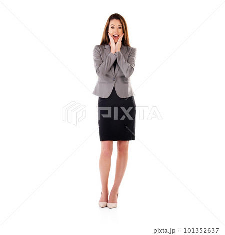Wow, surprise and business woman in studio portrait for winning, job opportunity success and feedback. Happy, winner and corporate worker with news for hiring isolated on white background and space Wow, surprise and business woman in studio portrait for winning, job opportunity success and feedback. Happy, winner and corporate worker with news for hiring isolated on white background and space 101352637