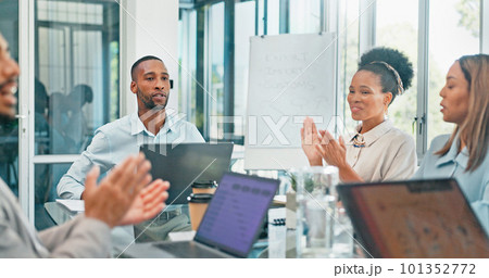 Meeting, applause and business people throwing paper in air, celebration of project success, achievement profit growth. Teamwork, investment and diversity in winning target goals in startup office. 101352772