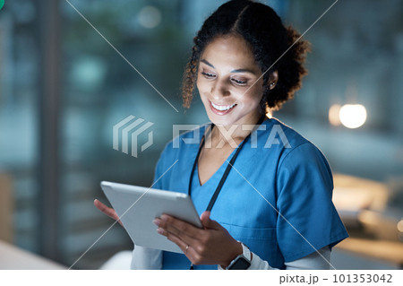 Nurse, medical tablet and black woman in hospital working late on telehealth, research or online consultation. Tech, healthcare or female physician with technology for wellness app in clinic at night Nurse, medical tablet and black woman in hospital working late on telehealth, research or online consultation. Tech, healthcare or female physician with technology for wellness app in clinic at night 101353042