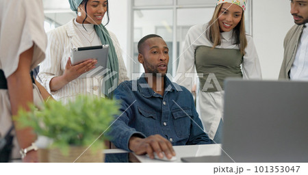 Coaching, collaboration and training, team at laptop in discussion on project management with manager. Leadership, planning and brainstorming, woman mentor teaching business staff at creative office. Coaching, collaboration and training, team at laptop in discussion on project management with manager. Leadership, planning and brainstorming, woman mentor teaching business staff at creative office. 101353047