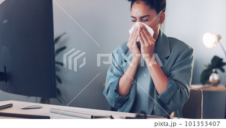 Business, woman and sneeze in office, computer and sickness. Female entrepreneur, administrator and tissue for illness, flu and girl overworked, burnout and employee for corporate planning or startup Business, woman and sneeze in office, computer and sickness. Female entrepreneur, administrator and tissue for illness, flu and girl overworked, burnout and employee for corporate planning or startup 101353407