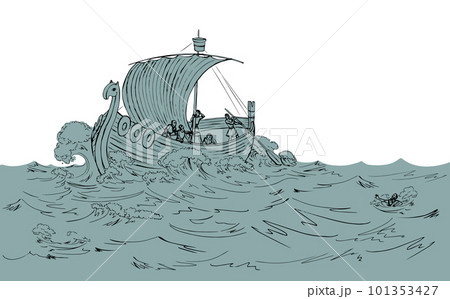 Vector drawing. Sailors on a ship in a storm 101353427