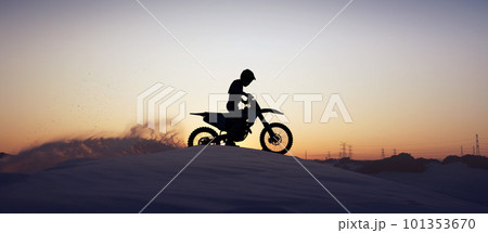 Motorcycle, sport and silhouette of man on bike at night, sky and background in nature. Fitness sports, exercise biking or motorbike person driving on dirt sand, hill mountain or desert for health 101353670