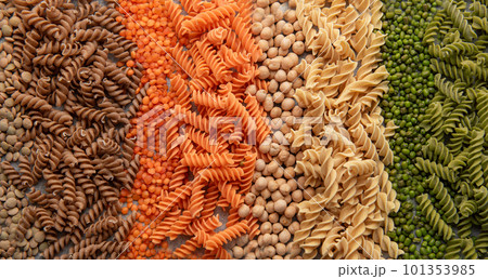A variety of fusilli pasta from different types of legumes. Gluten-free pasta. 101353985