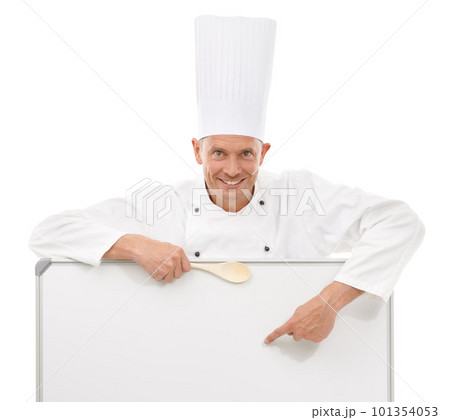Chef, portrait and a man with menu mockup space, poster or billboard for advertising special or brand. Happy person with board or sign and spoon advertising restaurant or cafe on a white background Chef, portrait and a man with menu mockup space, poster or billboard for advertising special or brand. Happy person with board or sign and spoon advertising restaurant or cafe on a white background 101354053