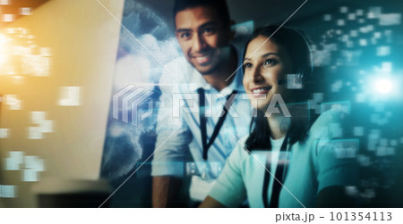 Business people, call center and futuristic communication for digital marketing, support or telemarketing in it support. Happy consultants in big data collaboration or networking on overlay Business people, call center and futuristic communication for digital marketing, support or telemarketing in it support. Happy consultants in big data collaboration or networking on overlay 101354113