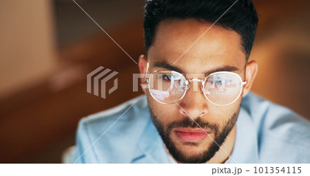 Night, reflection and glasses of businessman at computer for digital, software and web design programming. Strategy, designer and coding with employee in office and overtime for cybersecurity network 101354115