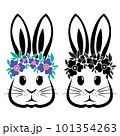 Rabbit with flowers and Easter bunny ears Illustration in black and white vector file.	 101354263