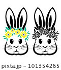 Rabbit with flowers and Easter bunny ears Illustration in black and white vector file.	 101354265