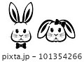 Vector illustration of a black and white rabbit couple wearing ties , A cute collection of rabbit faces with Easter-themed graphics is shown on a white backdrop. 101354266