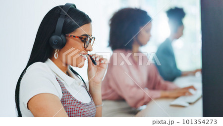Call center woman, office and communication for customer service, help and advice by computer with team. Crm expert, consultant and contact us for customer support, consulting clients and help desk 101354273