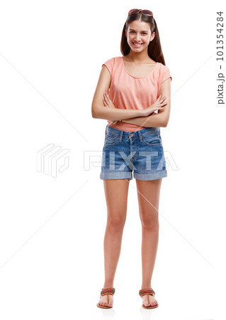 Portrait, smile and young woman arms crossed, happiness and lady isolated on white studio background. Female, youth and girl with casual outfit, joy and weekend clothes, break and relax on backdrop Portrait, smile and young woman arms crossed, happiness and lady isolated on white studio background. Female, youth and girl with casual outfit, joy and weekend clothes, break and relax on backdrop 101354284