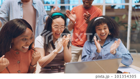 Business, team and applause for celebration, corporate deal and marketing campaign in modern office. Staff, teamwork and clapping for group project, target achievement and goal for collaboration. 101354305