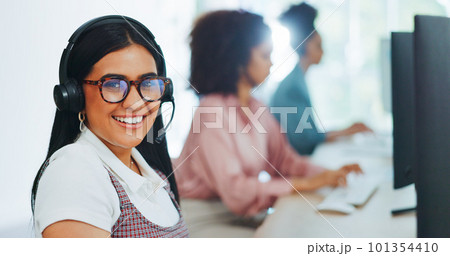 Face, contact us or woman in call center consulting, talking or helping clients with financial or loan advice. Customer services, portrait or telemarketing agent with a happy smile speaking on mic 101354410