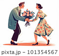 女性にブーケを贈る男性クラシックイラスト 101354567