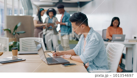 Writing, research and laptop with businessman in office with notebook for thinking, idea or planning. Marketing, administration and strategy with asian employee in startup for review, blog or website 101354697