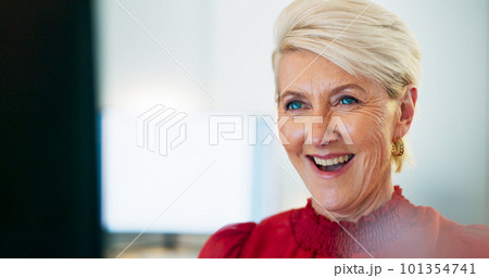 Business woman, face or thinking on computer in digital marketing office, web design studio or advertising branding startup. Zoom, mature ceo or manager on technology for website innovation or ideas 101354741