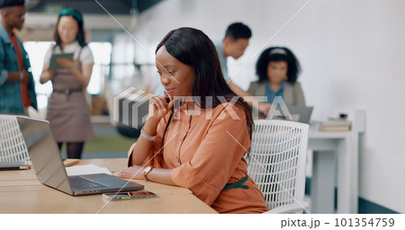 Black woman, thinking and laptop for digital marketing, writing notes or online schedule in modern office. African American female, administrator and creative with idea, planning advertising or focus 101354759