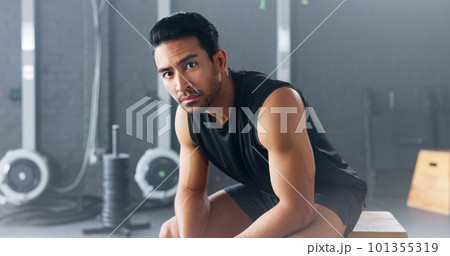 Portrait of man, fitness and healthy gym sports muscle training athlete. Young calm Asian male, wellness exercise workout motivation and bodybuilder vision relax in lifestyle health club studio 101355319
