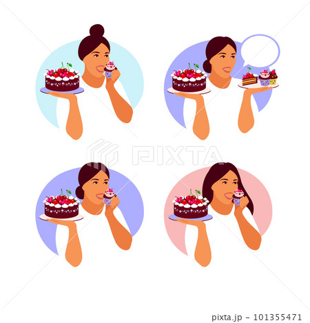 Happy woman going to eat delicious cupcake. Flat cartoon vector illustration isolated on light background. Happy woman going to eat delicious cupcake. Flat cartoon vector illustration isolated on light background. 101355471