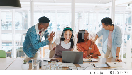 Celebration, laptop and business people high five, applause and celebrate goals, targets or achievement. Teamwork, winner and group collaboration of employees on pc clapping and celebrating success. 101355472