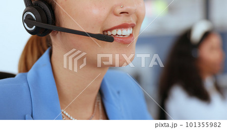 Headset, call center or woman talking, office or online help for consulting. Female agent, consultant or girl with microphone, conversation or advice for customer support, workplace or client service 101355982