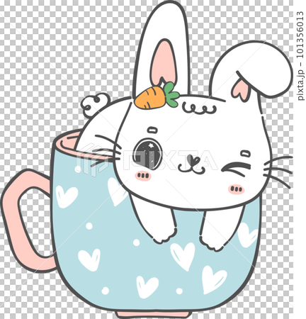 Cute happy smile white rabbit bunny in coffee cup adorable doodle cartoon drawing Cute happy smile white rabbit bunny in coffee cup adorable doodle cartoon drawing 101356013