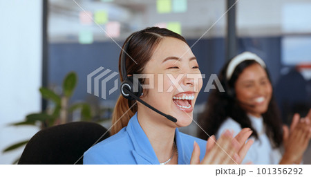 Call center, woman with success applause for telemarketing sale, crm achievement and target. Support, celebration and customer service worker clapping for technical support goal 101356292