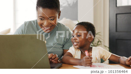 Teaching, learning and black family and child in home with laptop and color book happy with online education, kids website and online digital guide. Happy african mother with girl writing development 101356464