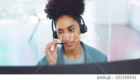 Contact us, crm or black woman in a call center consulting, communication or speaking of loan advice at office desk. Telemarketing, customer support or African agent helping a life insurance client 101356541