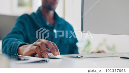 Office computer mouse, hands and black man working feedback review of social media, customer experience or ecommerce. Website analytics, research report and media analyst doing online survey analysis Office computer mouse, hands and black man working feedback review of social media, customer experience or ecommerce. Website analytics, research report and media analyst doing online survey analysis 101357068