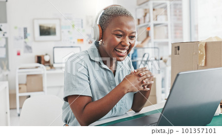 E commerce, laptop and girl on video call communication talking about product design, shipping or packaging. Ecommerce, business and black woman consulting or explain online shopping sale delivery 101357101