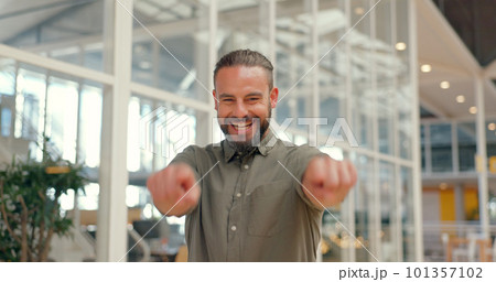 Business man, thumbs up and success portrait while walking in office for support, yes or thank you. Happy person excited about winning, goals or target at creative workplace with hands for like emoji 101357102