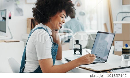 Management, phone call and business woman working on a laptop in an office, checking online delivery and inventory. Supply chain, stock and ecommerce by business owner enjoy customer conversation Management, phone call and business woman working on a laptop in an office, checking online delivery and inventory. Supply chain, stock and ecommerce by business owner enjoy customer conversation 101357142