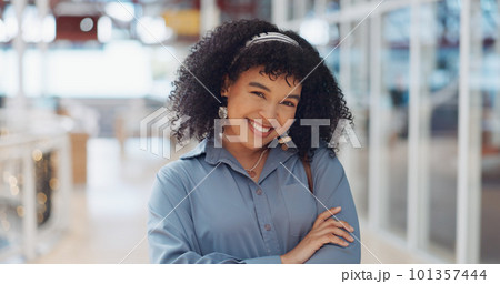 Business woman, hair and portrait of a happy creative employee confident arms folded ready for working. Happiness, black woman and digital marketing worker in a office in the morning smile from web d Business woman, hair and portrait of a happy creative employee confident arms folded ready for working. Happiness, black woman and digital marketing worker in a office in the morning smile from web d 101357444