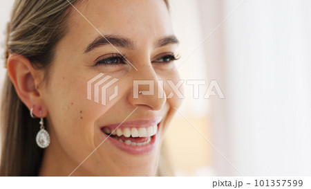 Face smile, wedding ring and happy bride in dress ready for luxury marriage, ceremony or event in room. Love, jewelry band and happy woman excited for union, celebration or romantic commitment party. 101357599