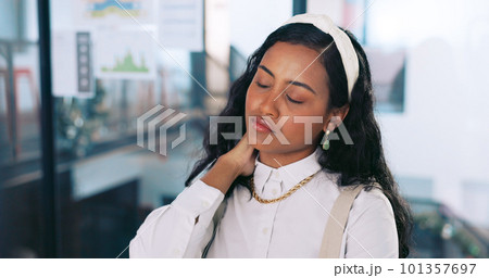 Neck pain, business woman and burnout of a digital marketing employee in a office. Working, stress and anxiety of a tired professional planning a web project feeling fatigue from headache and pain Neck pain, business woman and burnout of a digital marketing employee in a office. Working, stress and anxiety of a tired professional planning a web project feeling fatigue from headache and pain 101357697